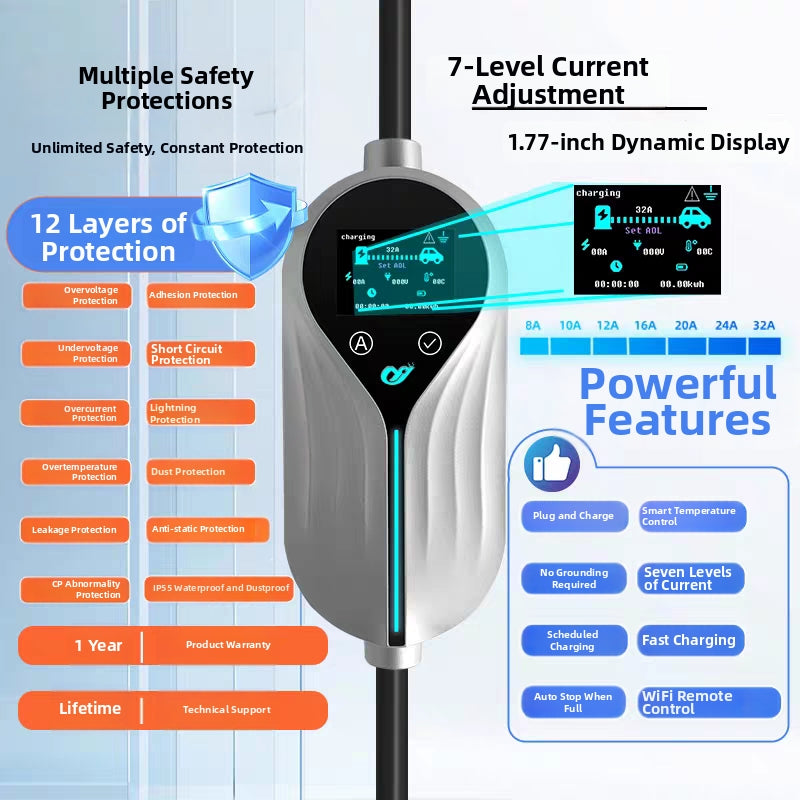 16A 3.5kW Portable EV Charger & 7kW Home Charging Station - New Energy Vehicle Charger