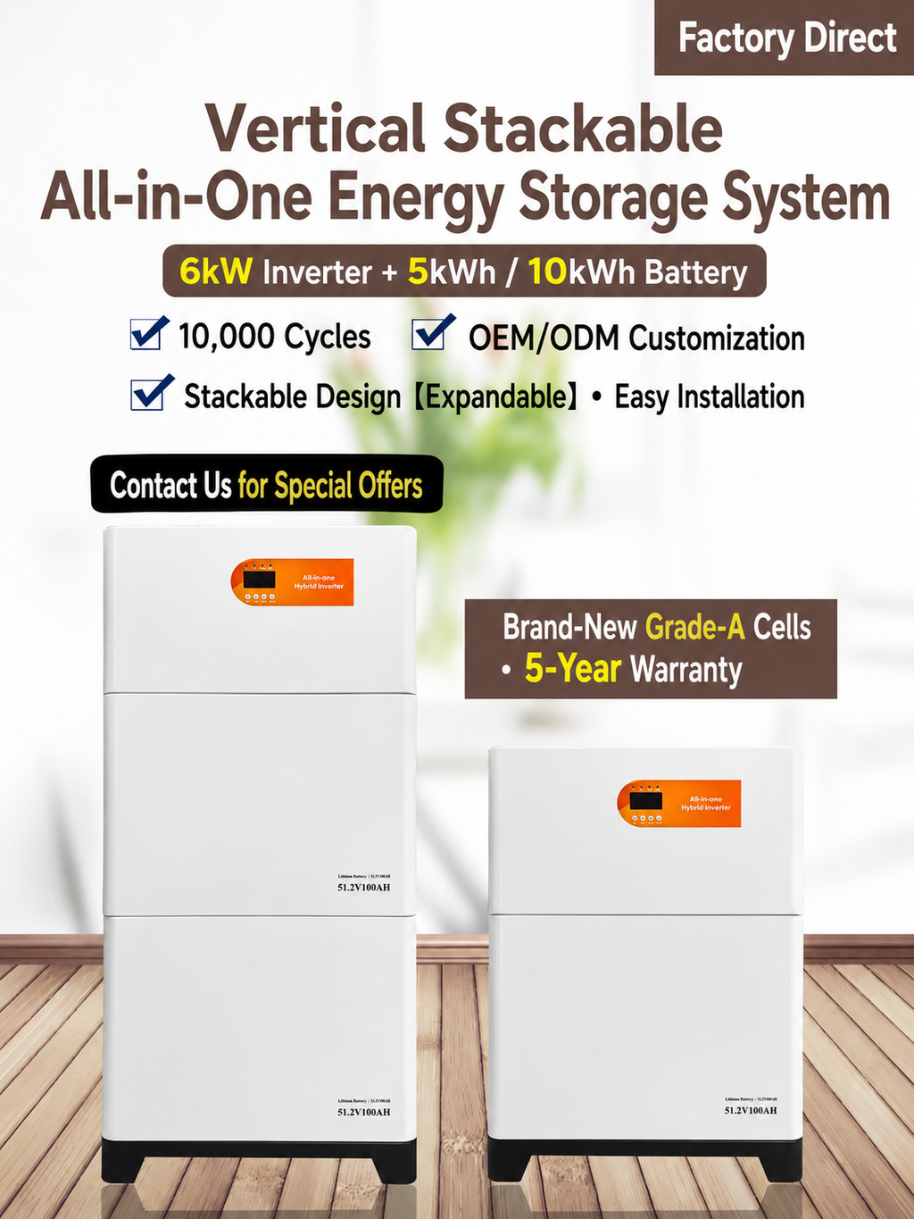 Vertical Stackable All-in-One Energy Storage System, 6kW Inverter with 5kWh/10kWh Battery