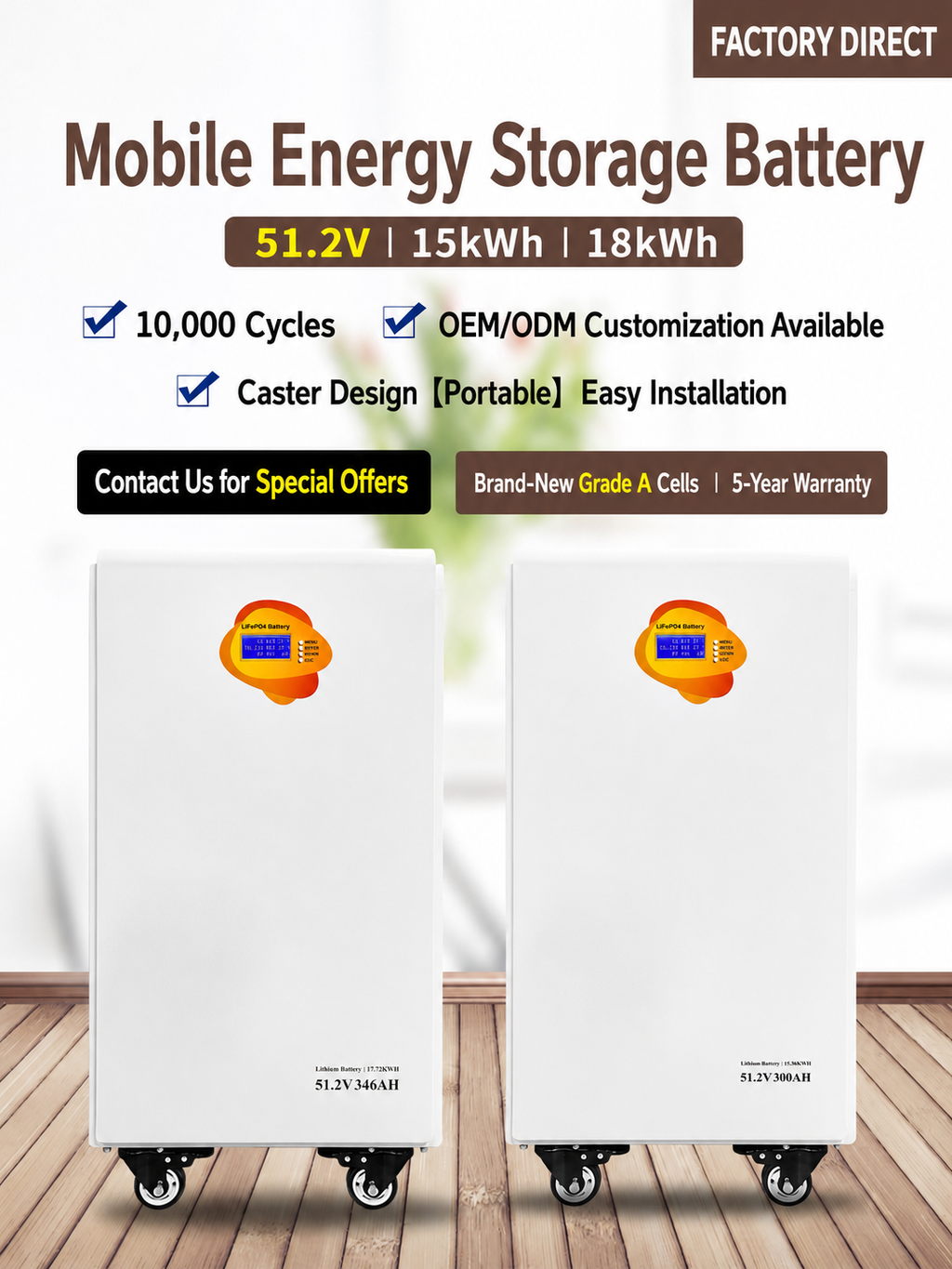 Mobile Energy Storage Battery, 51.2V 15kWh/16kWh/18kWh LiFePO4 Battery Pack
