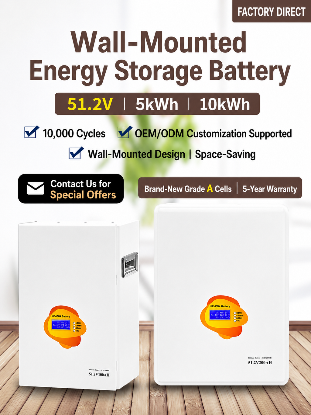 Wall-Mounted Energy Storage Battery, 51.2V 5kWh/10kWh Home Solar Battery System