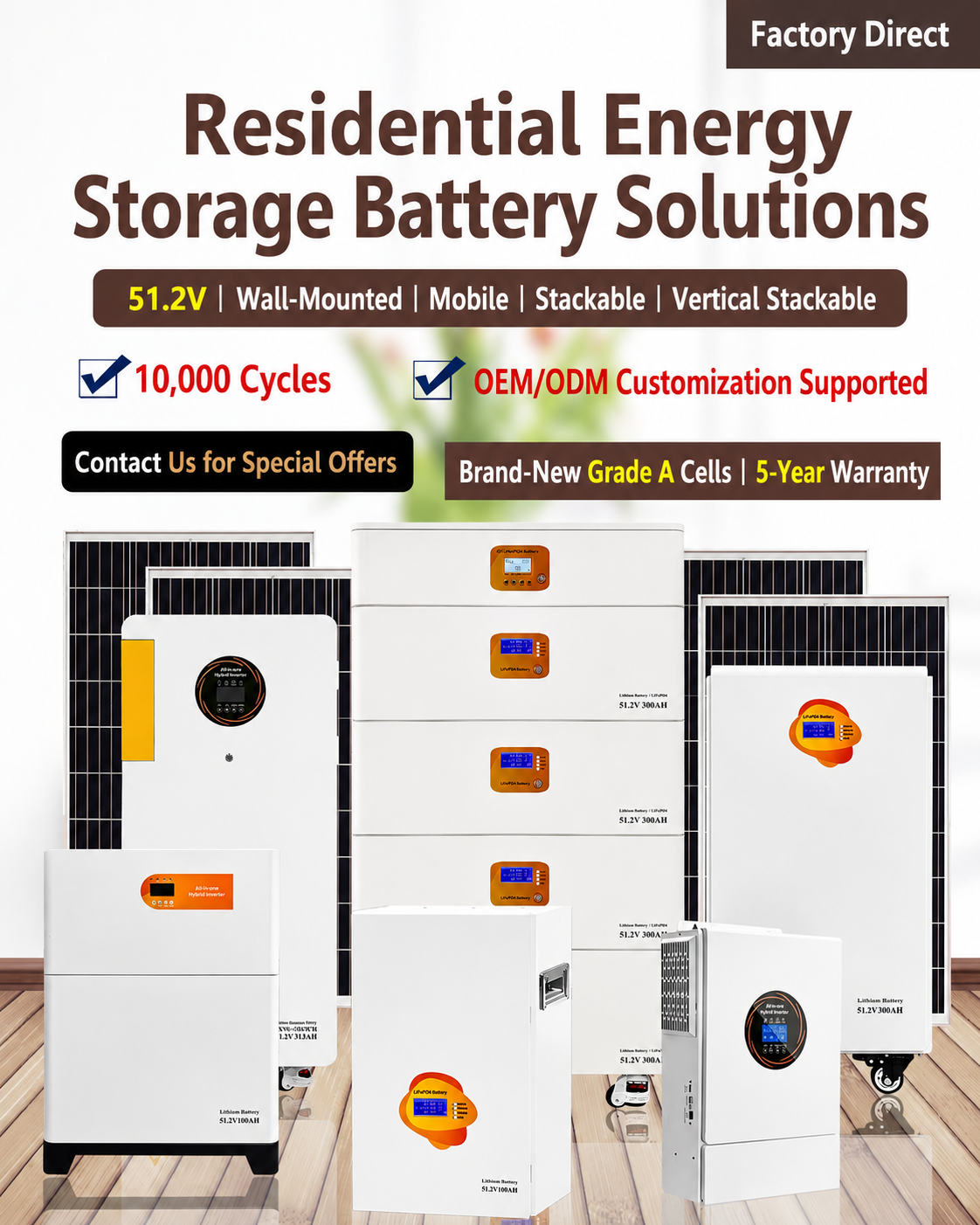 Residential Energy Storage Battery Solutions, 51.2V 5kWh-40kWh Solar Backup System